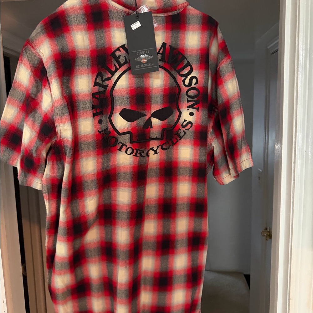 Harley-Davidson Skull Logo Red and Black Plaid Shirt